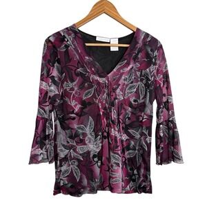 Worthington Womens Top Large Purple Floral Babydoll y2k Bell Sleeve Whimsigoth